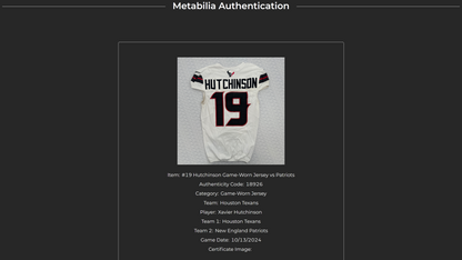 Xavier Hutchinson GAME WORN 💪 10/13/24 Houston Texans 🐂 NFL Jersey 👕 Victory over the New England Patriots inc. Metabilia COA 🛡️