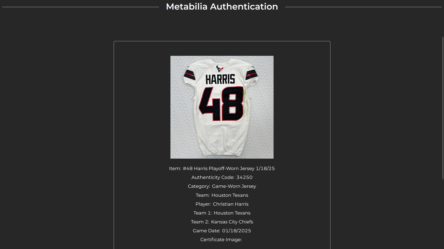 Christian Harris Playoff GAME WORN 💪 01/18/2024 Houston Texans Nike NFL Jersey 🎽 vs. Kansas City Chiefs