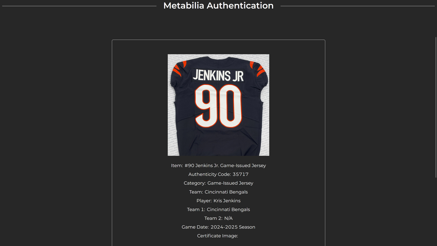 Kris Jenkins Jr. GAME ISSUED (2024-25 Season)🐅Cincinnati Bengals On-Field NFL Jersey👕