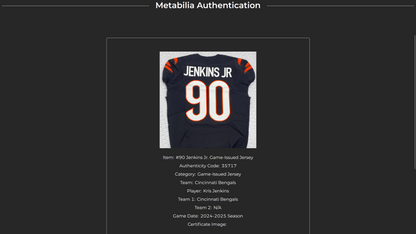 Kris Jenkins Jr. GAME ISSUED (2024-25 Season)🐅Cincinnati Bengals On-Field NFL Jersey👕