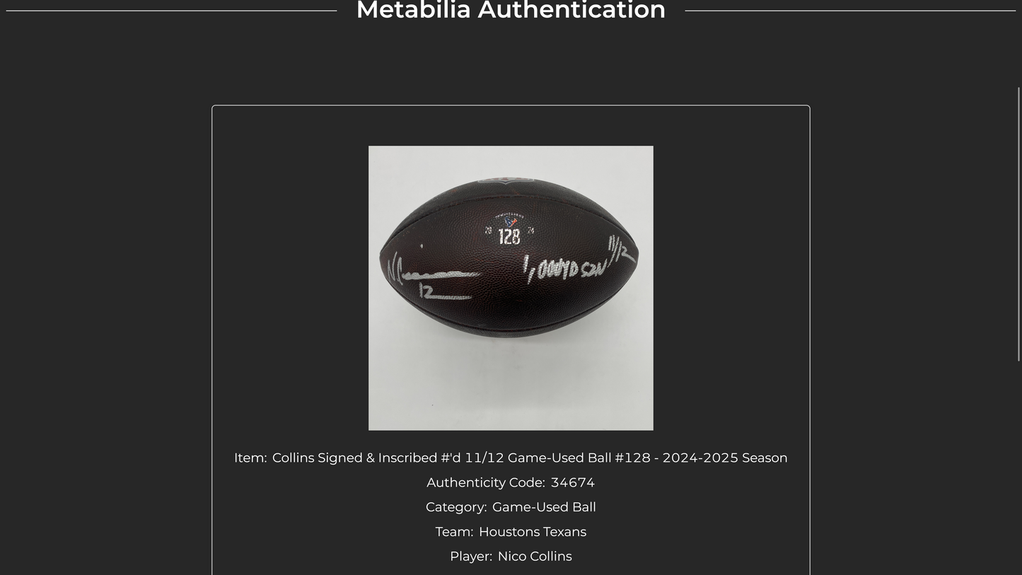 Nico Collins Signed GAME-USED Ball 💪 24/25 season Houston Texans NFL Inscribed "1,000yd SZN 11/12" Limited Edition of 12 💥