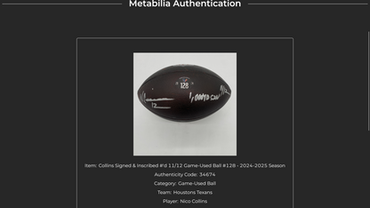 Nico Collins Signed GAME-USED Ball 💪 24/25 season Houston Texans NFL Inscribed "1,000yd SZN 11/12" Limited Edition of 12 💥
