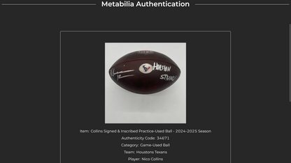 Nico Collins Hand Signed 🖊️ Practice-USED 💪 Wilson The Duke NFL Ball Inscribed "Houston Strong!"