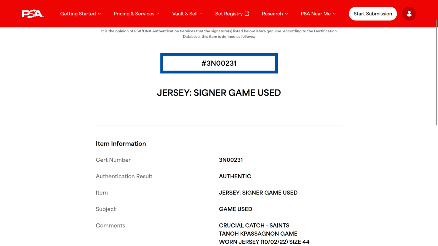 Tanoh Kpassagnon GAME WORN 💪 10/02/22 New Orleans Saints ⚜️ Nike NFL Jersey 🎽 vs. Minnesota Vikings - PSA Authenticated 🛡️