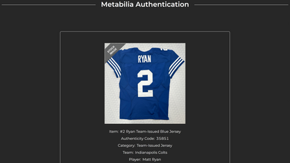 Matt Ryan Team-Issued Indianapolis Colts Nike NFL Jersey Includes COA and Captain's Patch