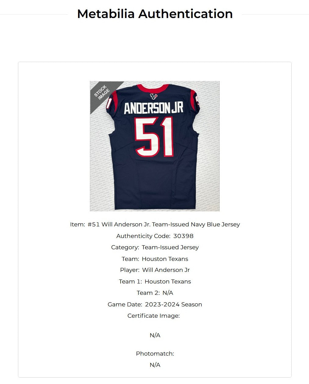 Will Anderson Jr GAME-ISSUED 💪 Houston Texans 🐂 NFL Jersey 👕 Nike Includes COA 💯