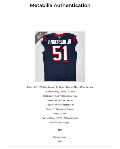 Will Anderson Jr GAME-ISSUED 💪 Houston Texans 🐂 NFL Jersey 👕 Nike Includes COA 💯