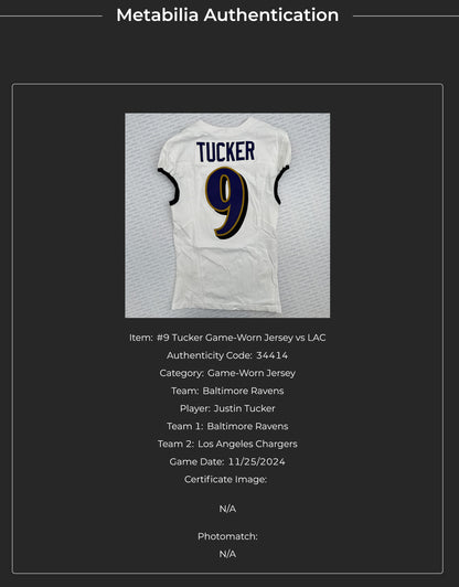 Justin Tucker GAME WORN💪11/25/24 Baltimore Ravens💜NFL Jersey vs.Chargers⚡Includes COA