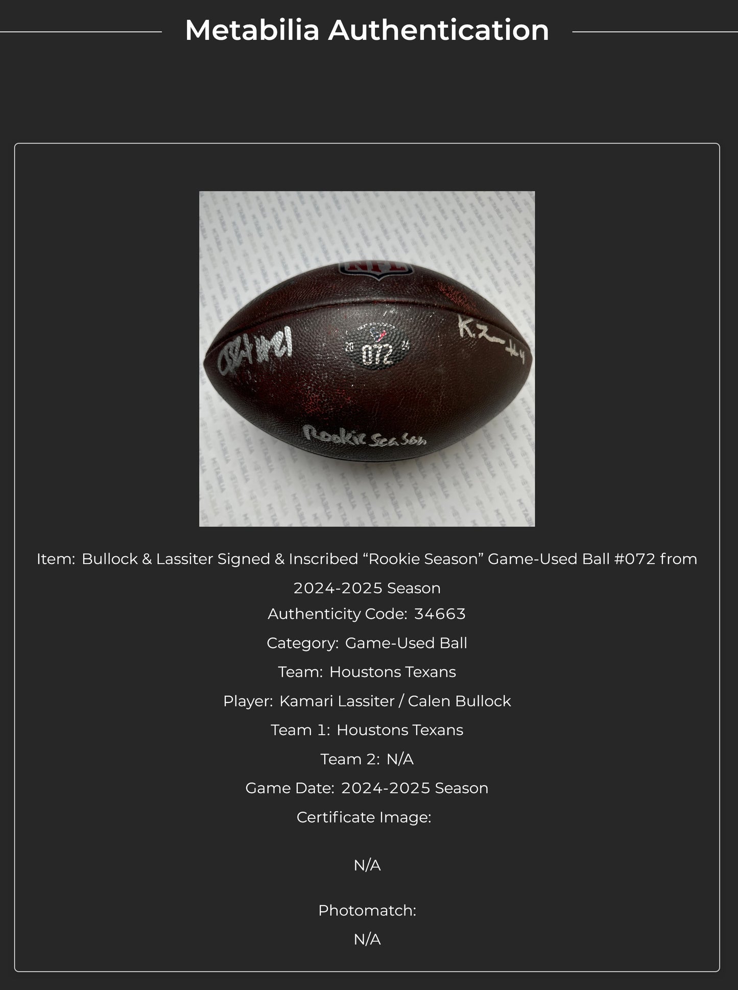 Calen Bullock + Kamari Lassiter Hand Signed 🖊️ GAME USED 💪 2024-2025 Season Houston Texans Wilson Ball Inscribed “Rookie Season”