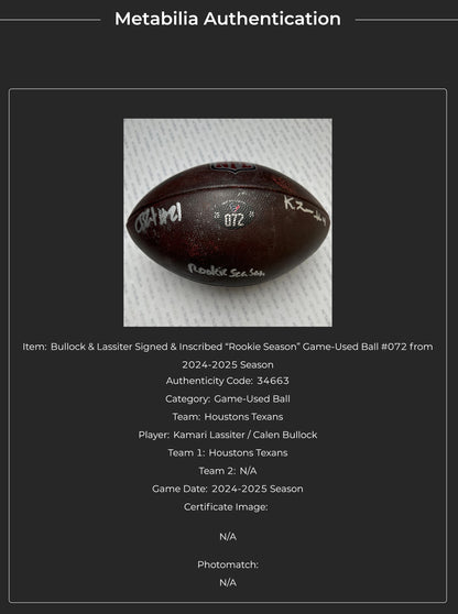 Calen Bullock + Kamari Lassiter Hand Signed 🖊️ GAME USED 💪 2024-2025 Season Houston Texans Wilson Ball Inscribed “Rookie Season”