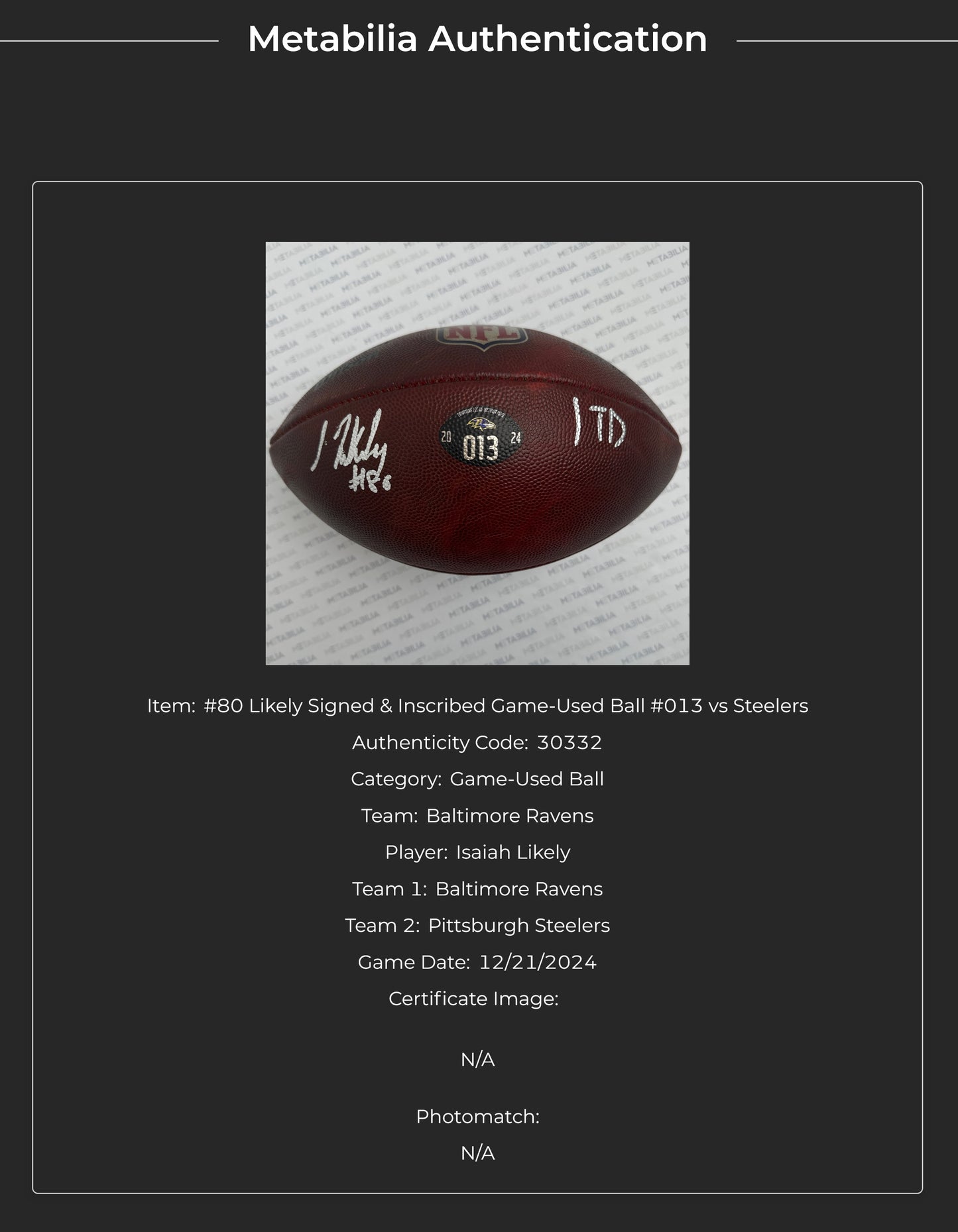 Isaiah Likely Signed🖊️GAME USED💪12/21/24 Baltimore Ravens💜NFL Ball Inscribed 1 TD🏈vs Steelers (Ravens Win)