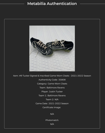 Justin Tucker Signed + Inscribed GAME WORN NFL Cleats 2021-2022 Season Baltimore Ravens  Includes COA