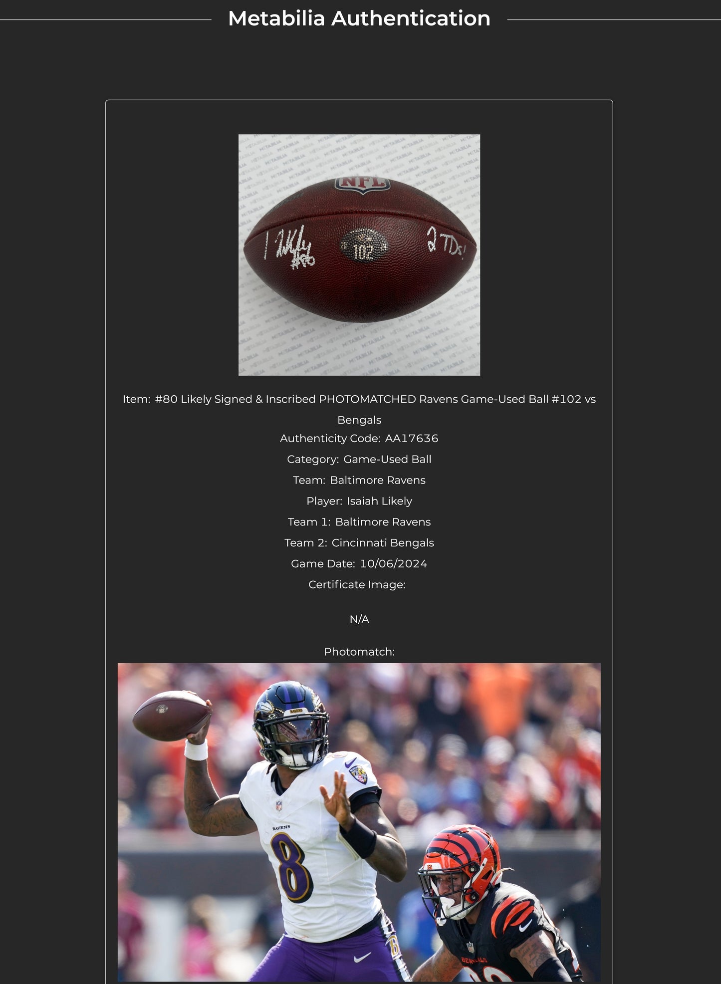 Ravens Isaiah Likely Signed GAME USED 10/06/24 PHOTOMATCHED Ball Inscribed 2 TDs. Used in victory over Cincinnati Bengals