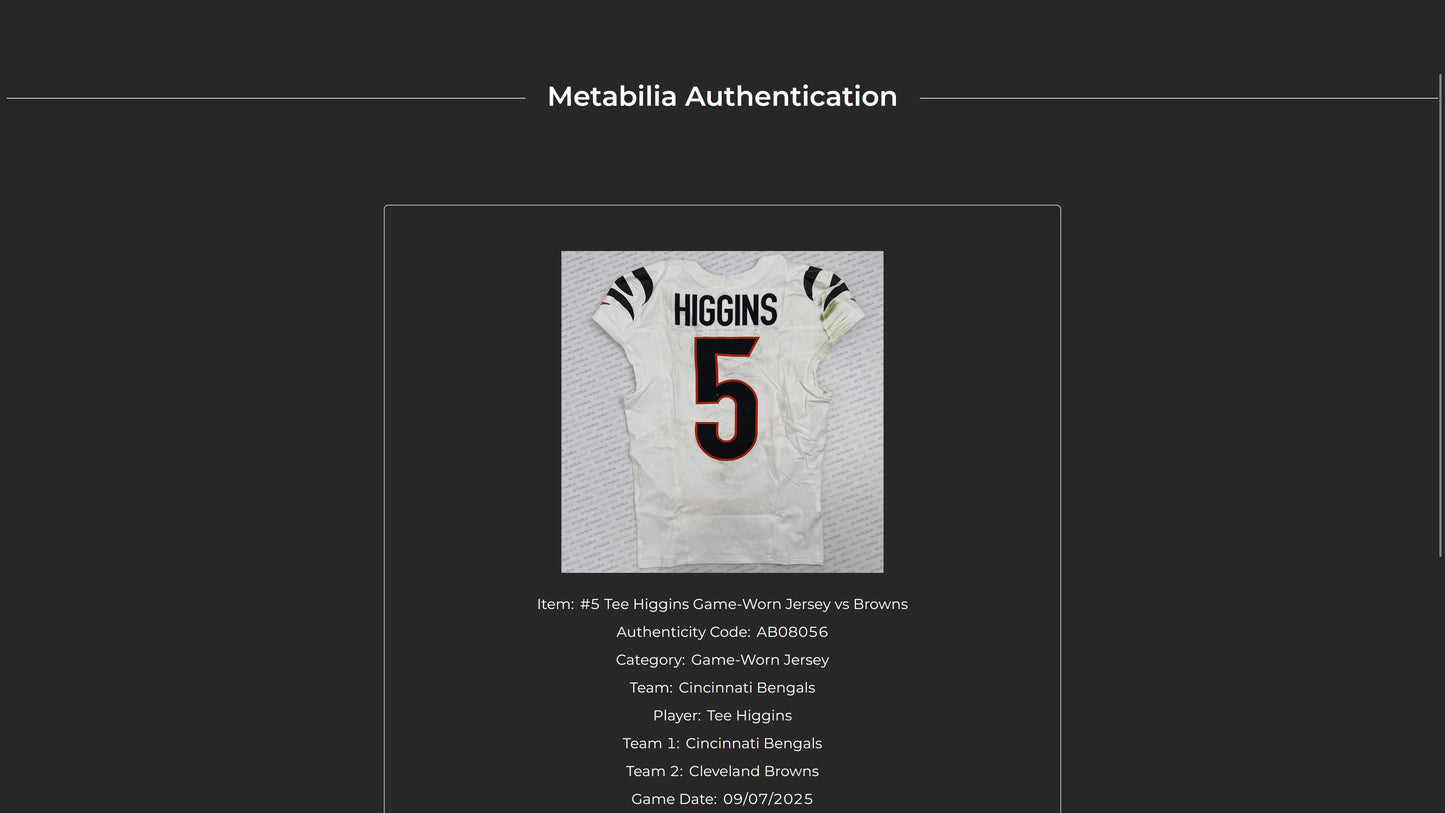 Tee Higgins GAME WORN/USED 09/07/25💪Cincinnati Bengals🐅NFL Jersey vs Cleveland Browns
