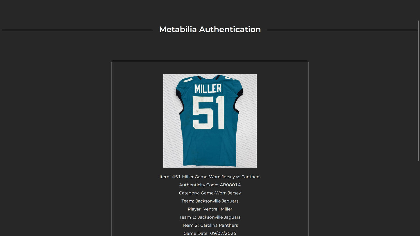 Ventrell Miller GAME WORN 09/07/25 Jacksonville Jaguars 🐆 Nike NFL Jersey 👕 vs. Carolina Panthers First Game of the 2025 Season