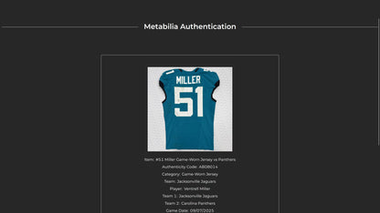 Ventrell Miller GAME WORN 09/07/25 Jacksonville Jaguars 🐆 Nike NFL Jersey 👕 vs. Carolina Panthers First Game of the 2025 Season