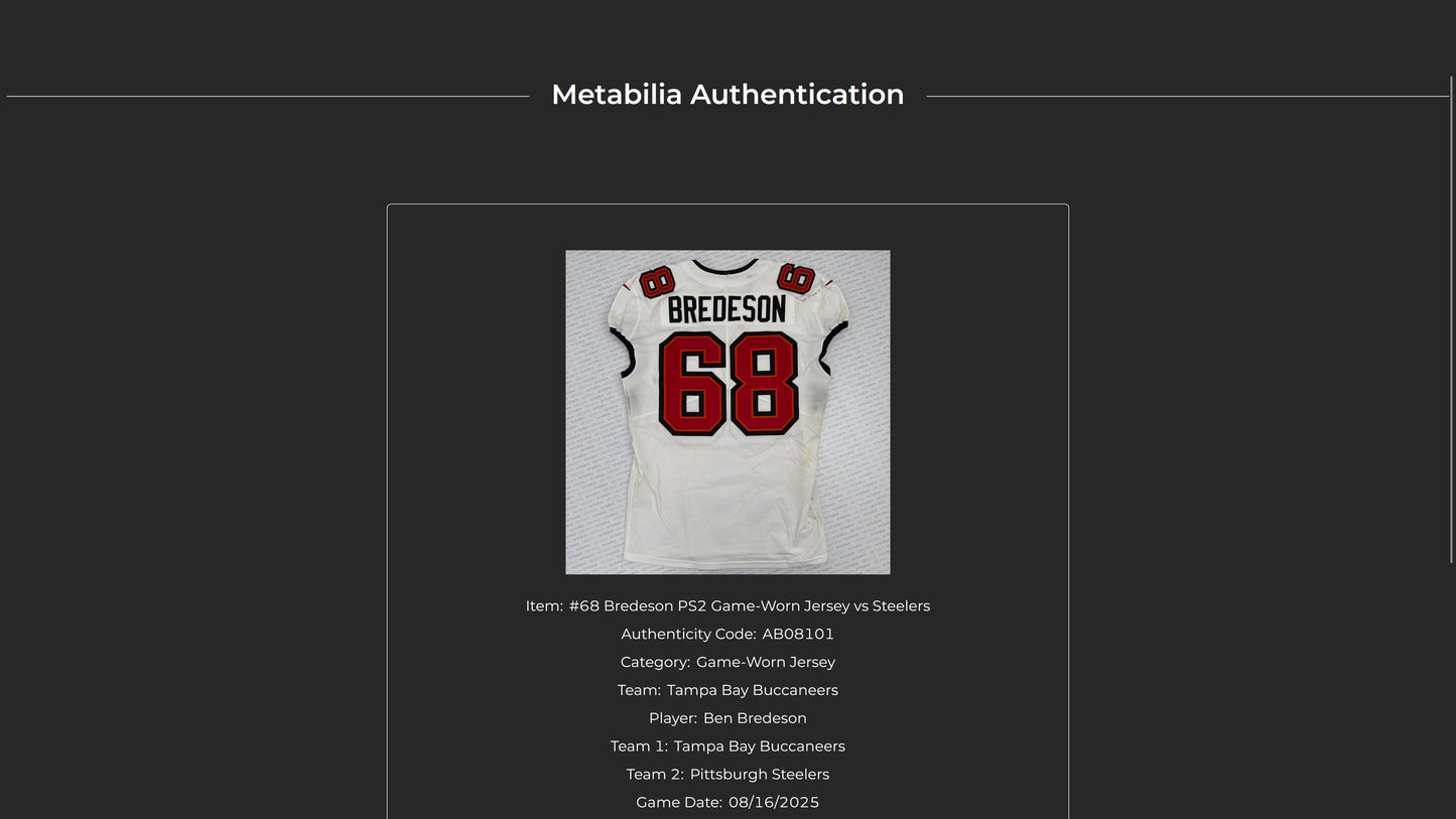 Ben Bredeson GAME-WORN 08/16/25 Tampa Bay Buccaneers OnField Nike NFL Jersey🎽