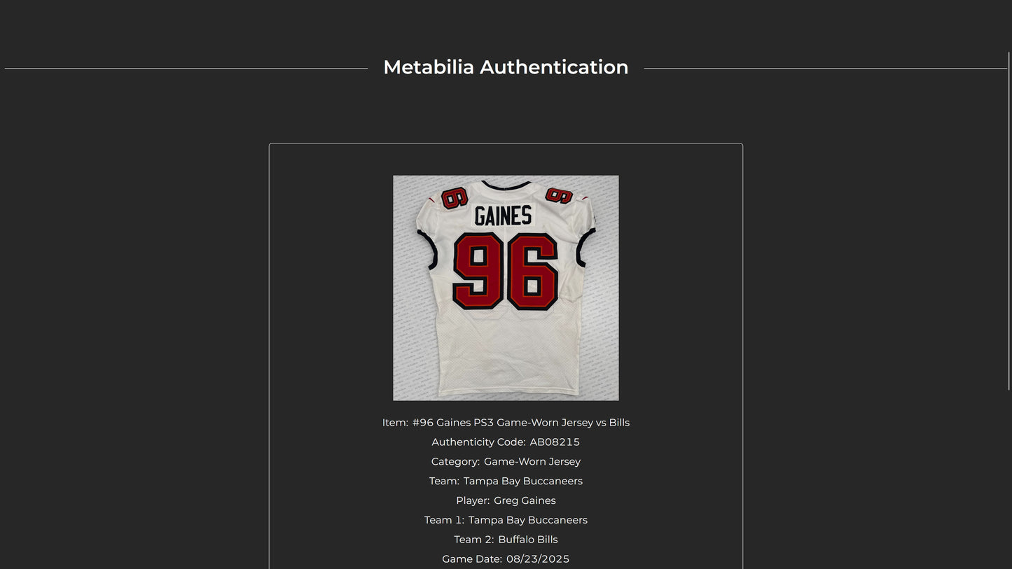 Greg Gaines GAME-WORN 8/23/25 Tampa Bay Buccaneers OnField NFL Jersey vs.Bills