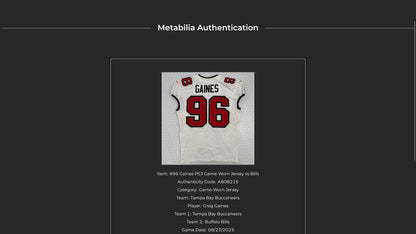 Greg Gaines GAME-WORN 8/23/25 Tampa Bay Buccaneers OnField NFL Jersey vs.Bills