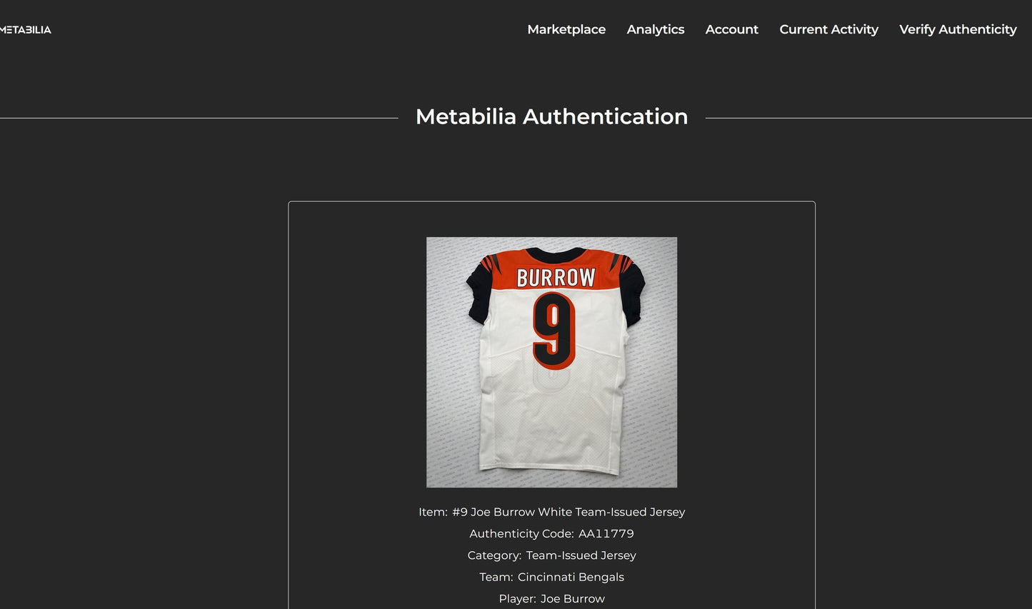 Joe Burrow Bengals Team-Issued On-Field Nike NFL Jersey Inc. Captains Patch, Hologram and COA
