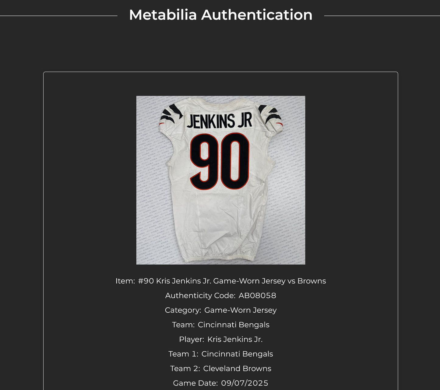 Kris Jenkins Jr. GAME-WORN 09/07/25💪Cincinnati Bengals🐅NFL Jersey vs Cleveland Browns