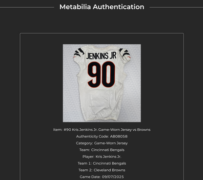 Kris Jenkins Jr. GAME-WORN 09/07/25💪Cincinnati Bengals🐅NFL Jersey vs Cleveland Browns