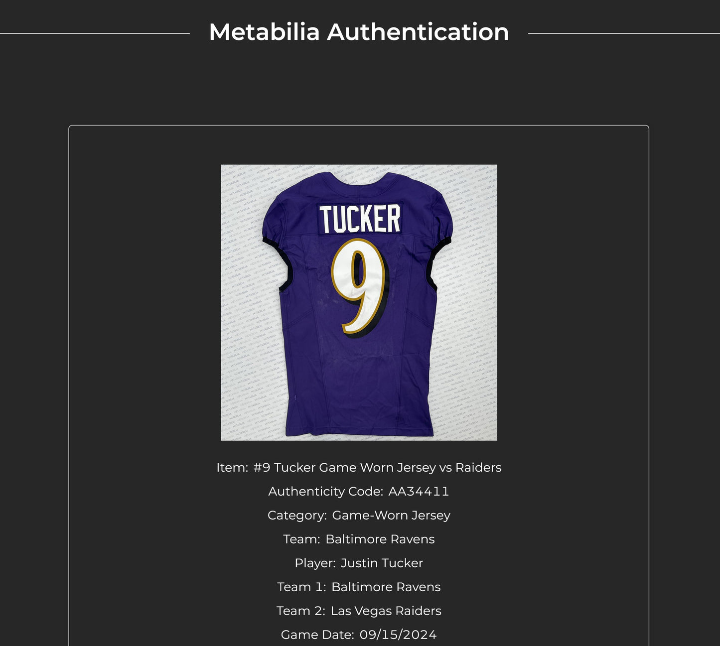 Justin Tucker GAME-WORN💪09/15/24 Baltimore Ravens💜NFL Jersey vs. Las Vegas Raiders +COA