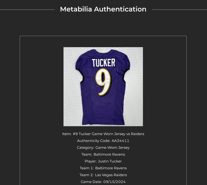 Justin Tucker GAME-WORN💪09/15/24 Baltimore Ravens💜NFL Jersey vs. Las Vegas Raiders +COA