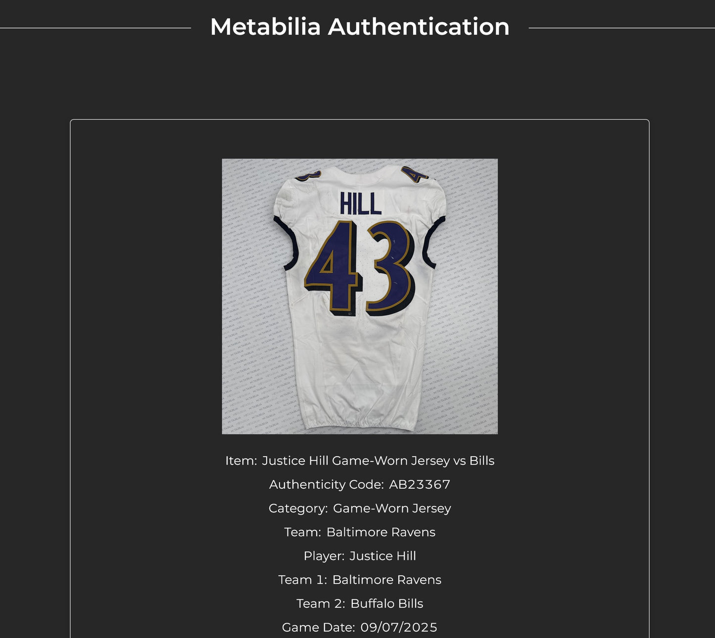 Justice Hill GAME-WORN💪09/07/25 Baltimore Ravens💜NFL Jersey vs.Bills includes COA