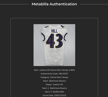 Justice Hill GAME-WORN💪09/07/25 Baltimore Ravens💜NFL Jersey vs.Bills includes COA