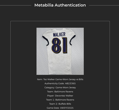Tez Walker GAME-WORN💪09/07/25 Baltimore Ravens💜NFL Jersey vs. Buffalo Bills inc.COA📄
