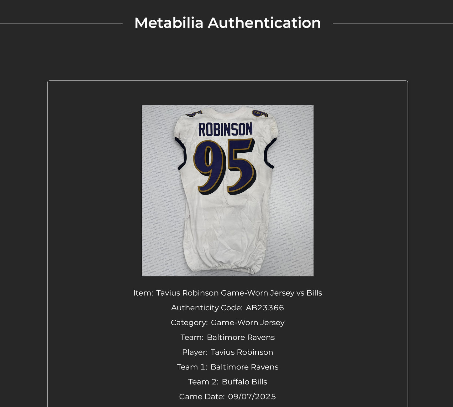 Tavius Robinson GAME-WORN💪09/07/2025 Baltimore Ravens💜NFL Jersey vs. Buffalo Bills🦬