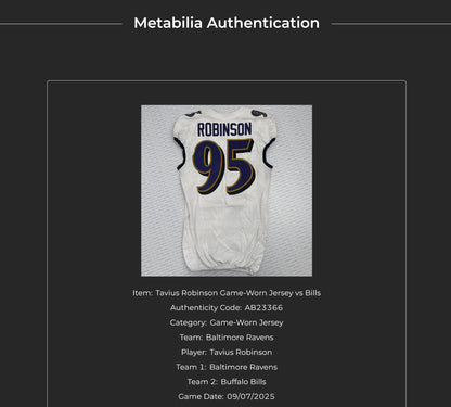 Tavius Robinson GAME-WORN💪09/07/2025 Baltimore Ravens💜NFL Jersey vs. Buffalo Bills🦬