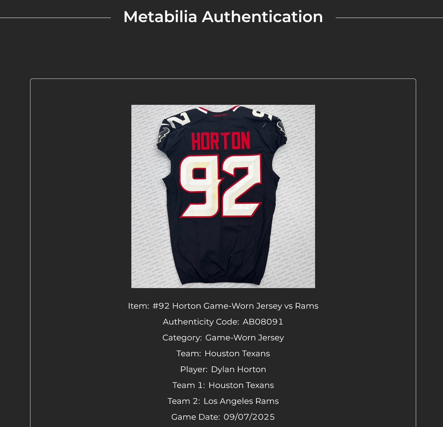 Dylan Horton GAME WORN 💪 09/07/2025 Houston Texans NFL Jersey 🎽 vs. Los Angeles Rams🐏