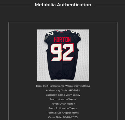 Dylan Horton GAME WORN 💪 09/07/2025 Houston Texans NFL Jersey 🎽 vs. Los Angeles Rams🐏