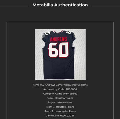 Jake Andrews GAME WORN 💪 09/07/2025 Houston Texans Nike NFL Jersey 🎽 vs. Los Angeles Rams🐏Also includes COA 🛡️