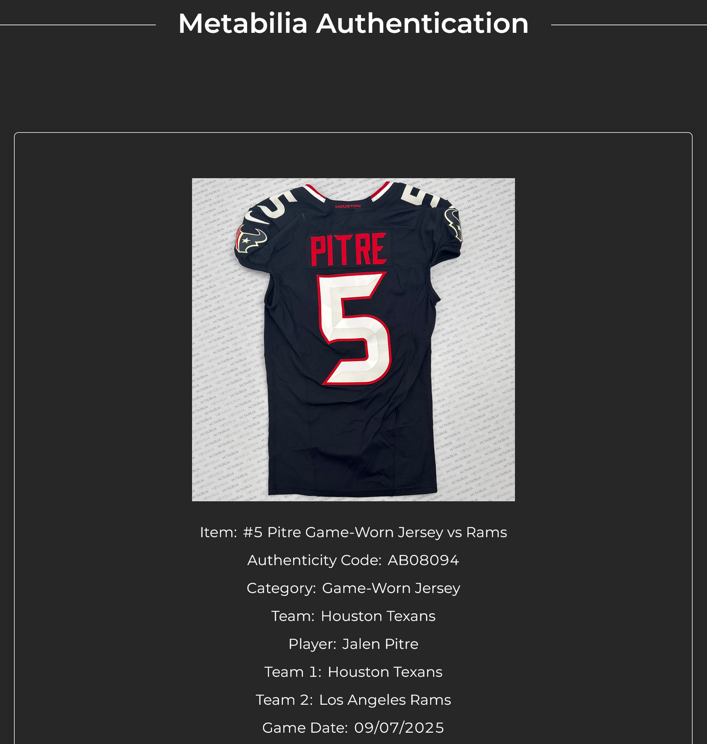 Jalen Pitre GAME USED 💪 09/07/2025 Houston Texans Nike NFL Jersey 🎽 vs. Los Angeles Rams 🐏 Inc.COA 🛡️