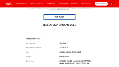 Luke Farrell GAME USED 10/01/23 + PHOTO-MATCHED Jacksonville Jaguars NFL Jersey vs. Atlanta Falcons Inc. PSA Authentication