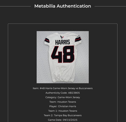 Christian Harris GAME WORN 💪 09/15/25 Houston Texans Nike NFL Jersey 🎽 vs. Tampa Bay Buccaneers
