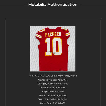 Isiah Pacheco GAME-WORN💪09/14/25 Kansas City Chiefs NFL Jersey🎽vs. Philadelphia Eagles