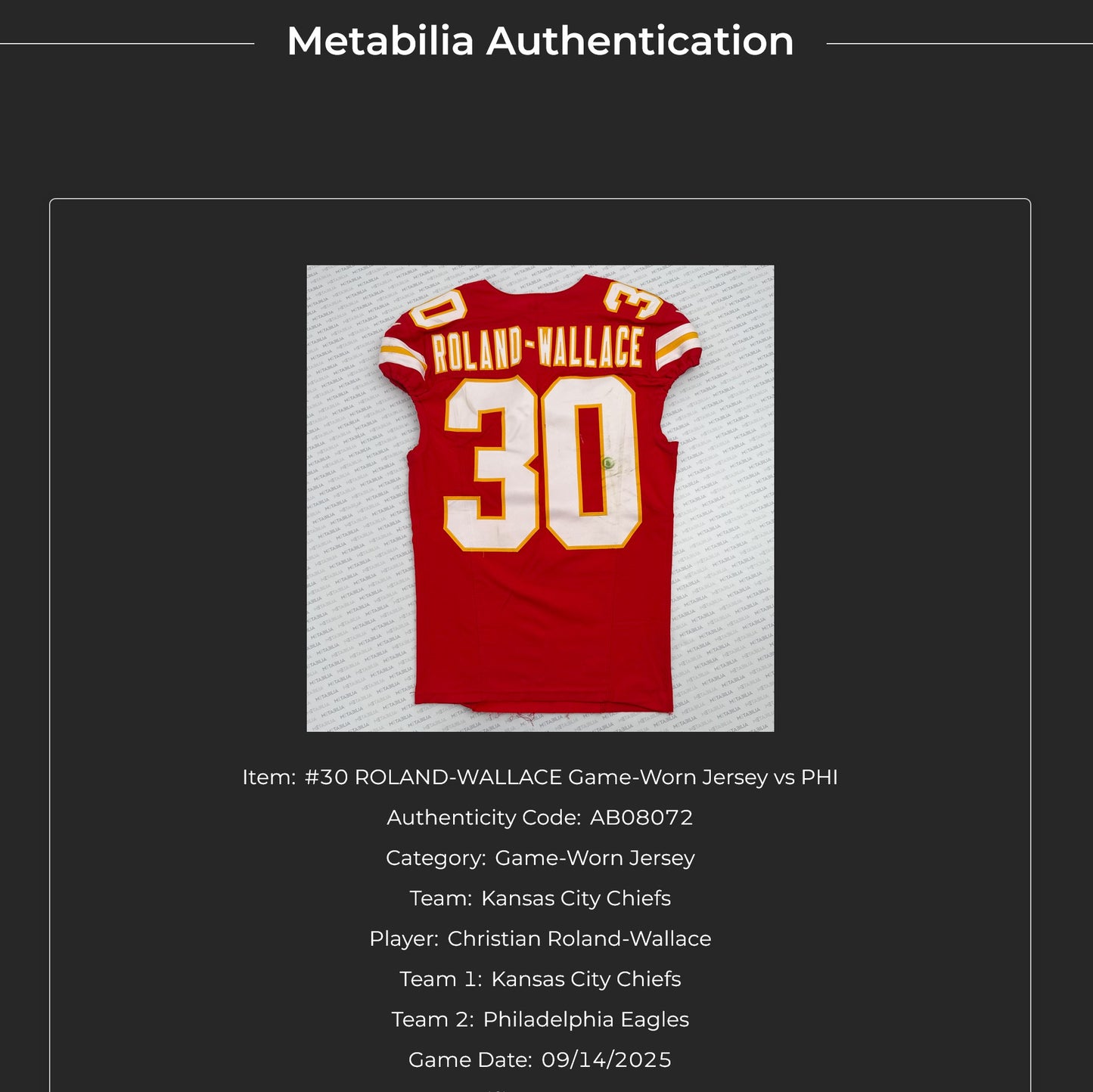 Christian Roland-Wallace GAME-WORN💪09/14/25 Kansas City Chiefs NFL Jersey🎽vs. Philadelphia Eagles🦅