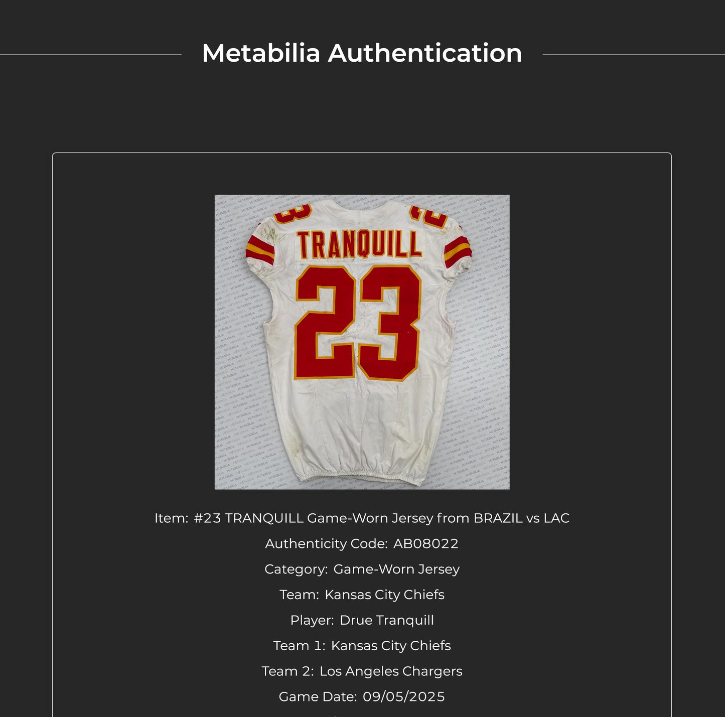 Drue Tranquill GAME-USED💪09/05/25 Kansas City Chiefs NFL Jersey🎽vs. Los Angeles Chargers