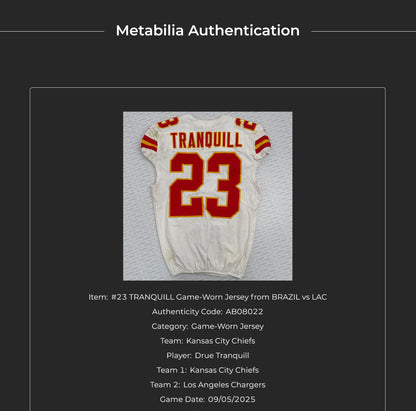 Drue Tranquill GAME-USED💪09/05/25 Kansas City Chiefs NFL Jersey🎽vs. Los Angeles Chargers