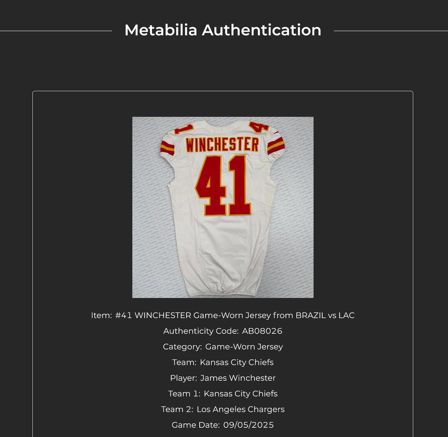 James Winchester GAME-WORN💪09/05/25 Kansas City Chiefs NFL Jersey vs. Los Angeles Chargers