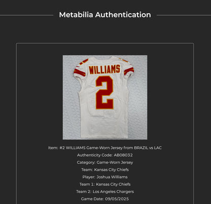 Joshua Williams GAME-USED💪09/05/25 Kansas City Chiefs NFL Jersey vs. Los Angeles Chargers