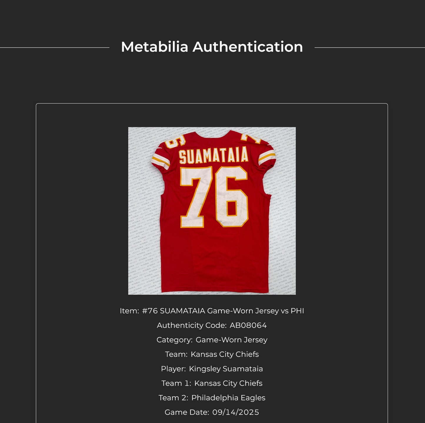 Kingsley Suamataia GAME-USED💪09/14/25 Kansas City Chiefs NFL Jersey🎽vs. Philadelphia Eagles