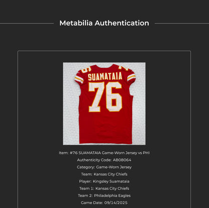 Kingsley Suamataia GAME-USED💪09/14/25 Kansas City Chiefs NFL Jersey🎽vs. Philadelphia Eagles