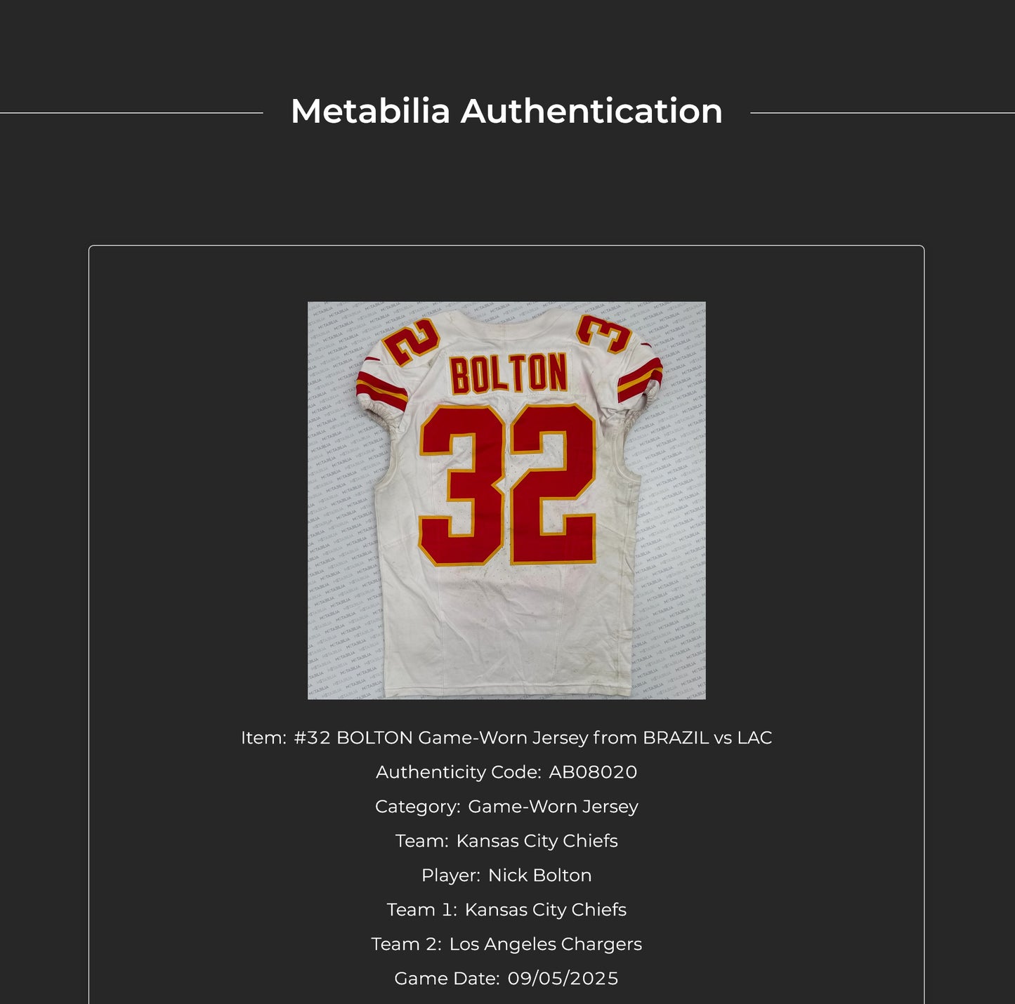 Nick Bolton GAME-WORN💪09/05/25 Kansas City Chiefs NFL Jersey🎽vs. Los Angeles Chargers⚡