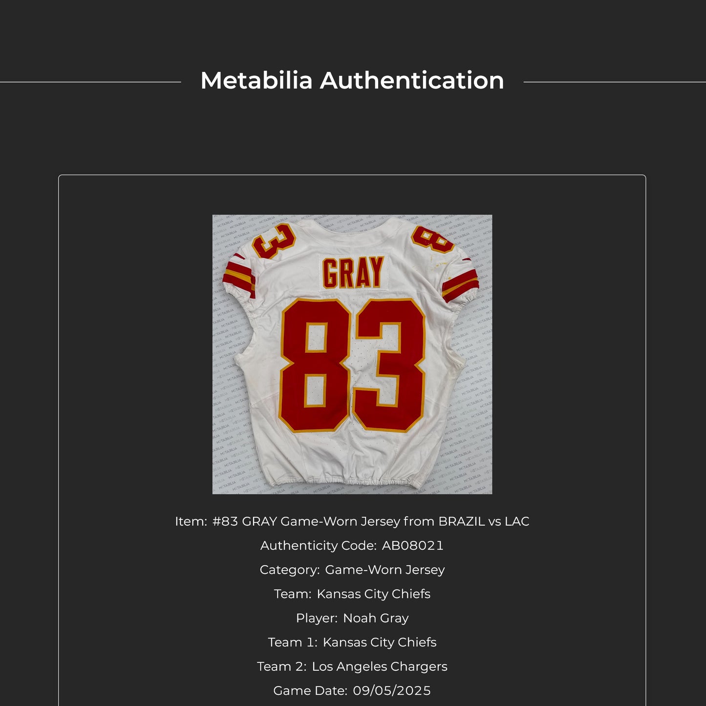 Noah Gray GAME-WORN 09/05/25 Kansas City Chiefs NFL Jersey vs. Los Angeles Chargers inc.COA