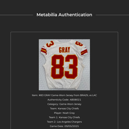 Noah Gray GAME-WORN 09/05/25 Kansas City Chiefs NFL Jersey vs. Los Angeles Chargers inc.COA